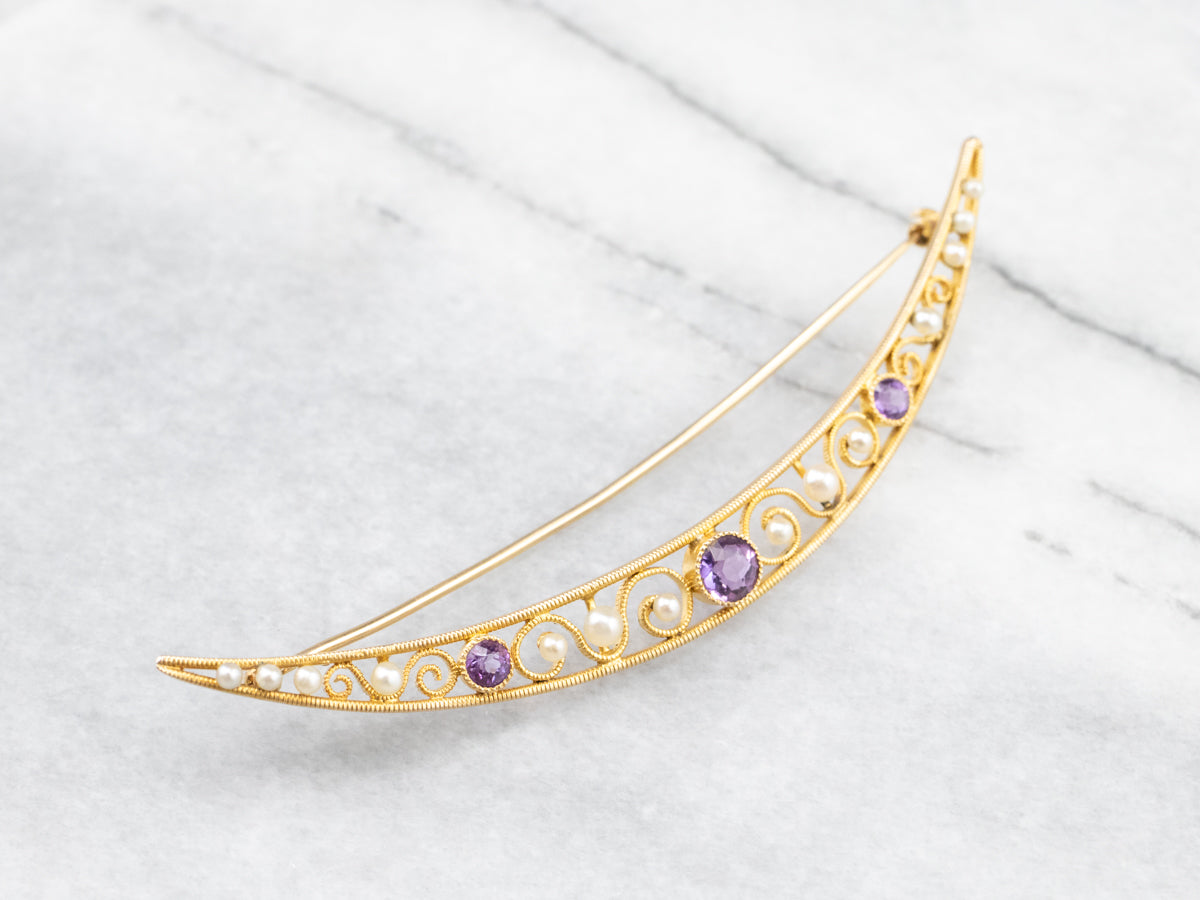 Amethyst and Pearl Crescent Moon Brooch