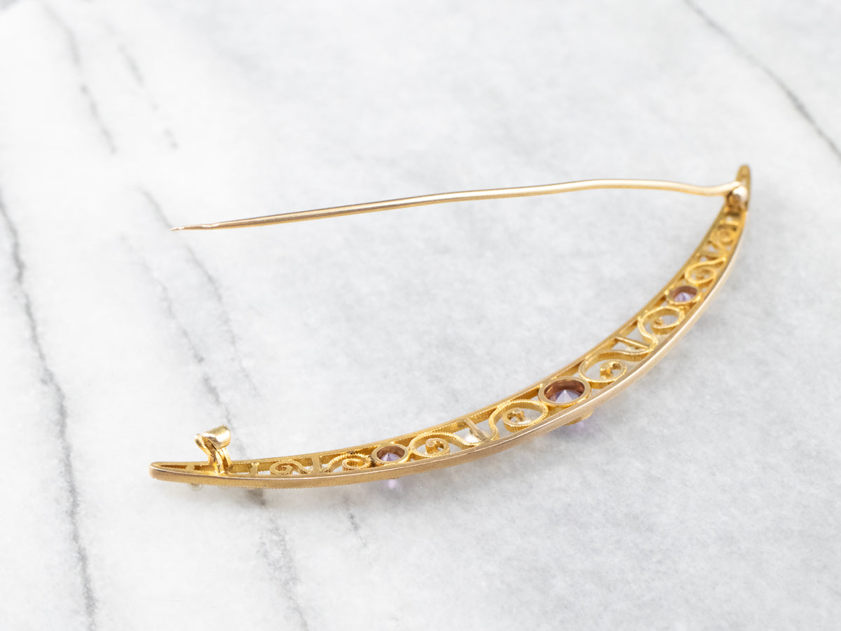 Amethyst and Pearl Crescent Moon Brooch