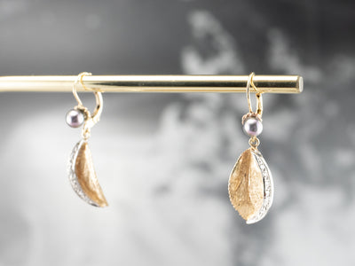 Diamond and Pearl Leaf Drop Earrings