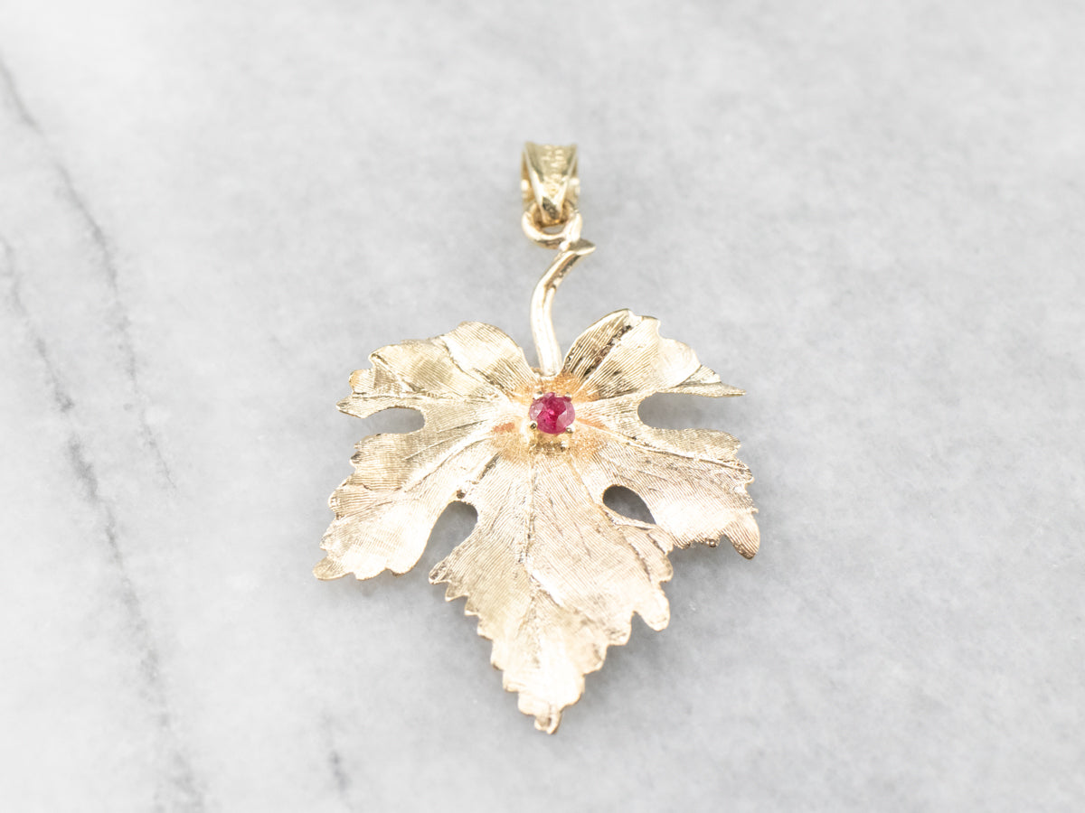 Yellow Gold Ruby Grape Leaf Pendant