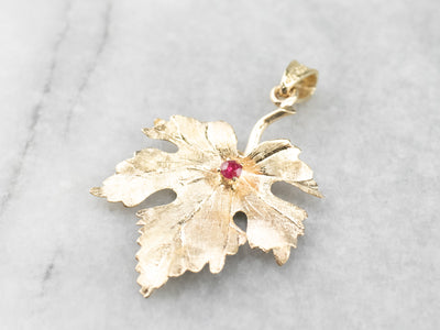 Yellow Gold Ruby Grape Leaf Pendant