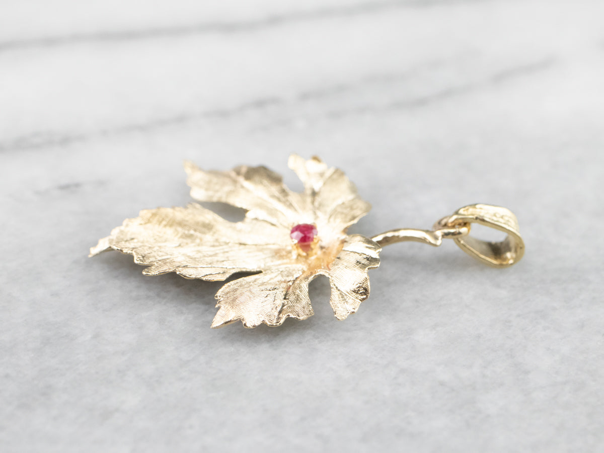 Yellow Gold Ruby Grape Leaf Pendant