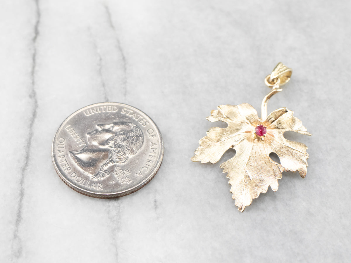 Yellow Gold Ruby Grape Leaf Pendant