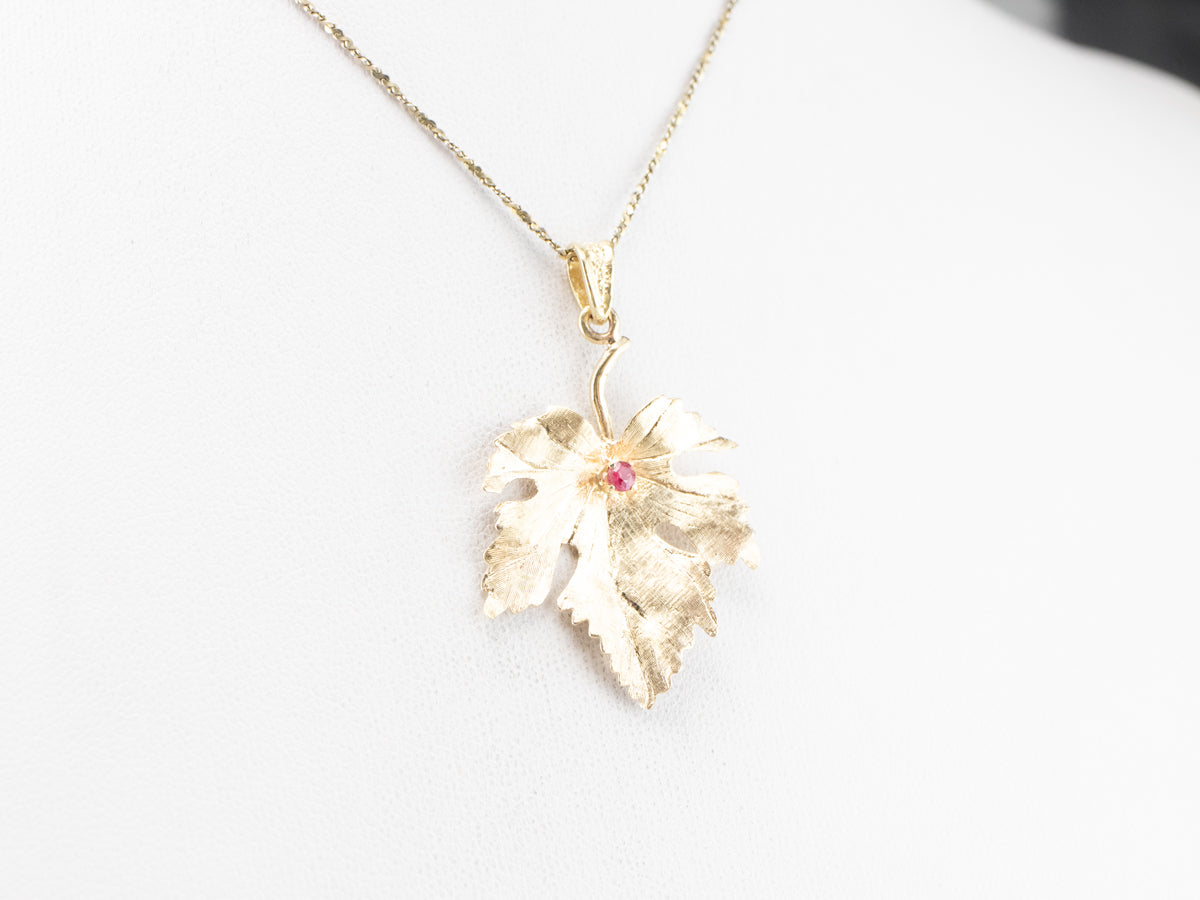 Yellow Gold Ruby Grape Leaf Pendant