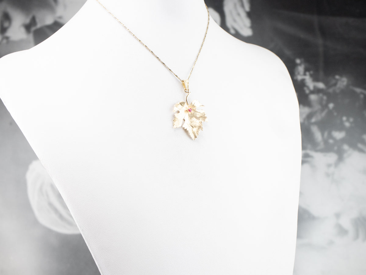 Yellow Gold Ruby Grape Leaf Pendant