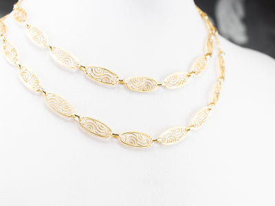 Long Gold Filigree Link Chain Necklace