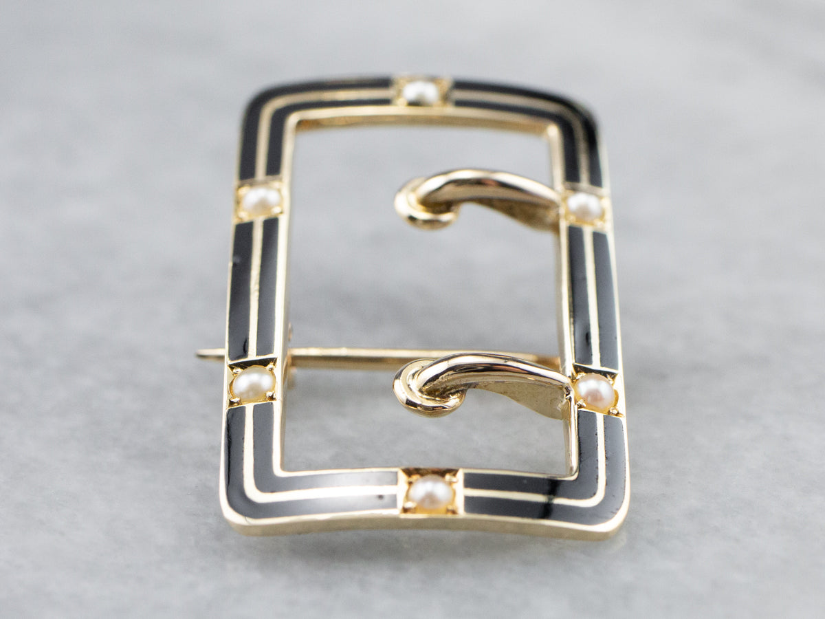 Antique Seed Pearl Black Enamel Buckle Brooch