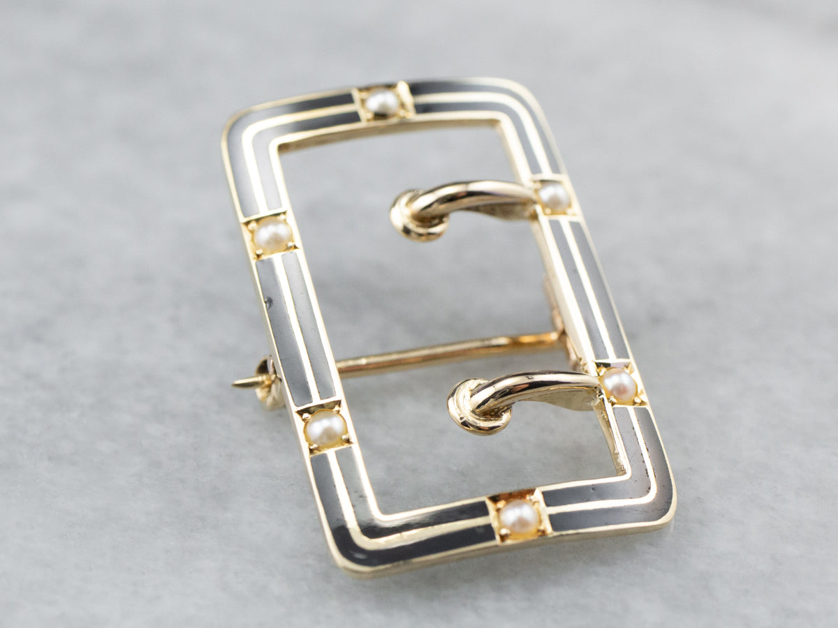 Antique Seed Pearl Black Enamel Buckle Brooch