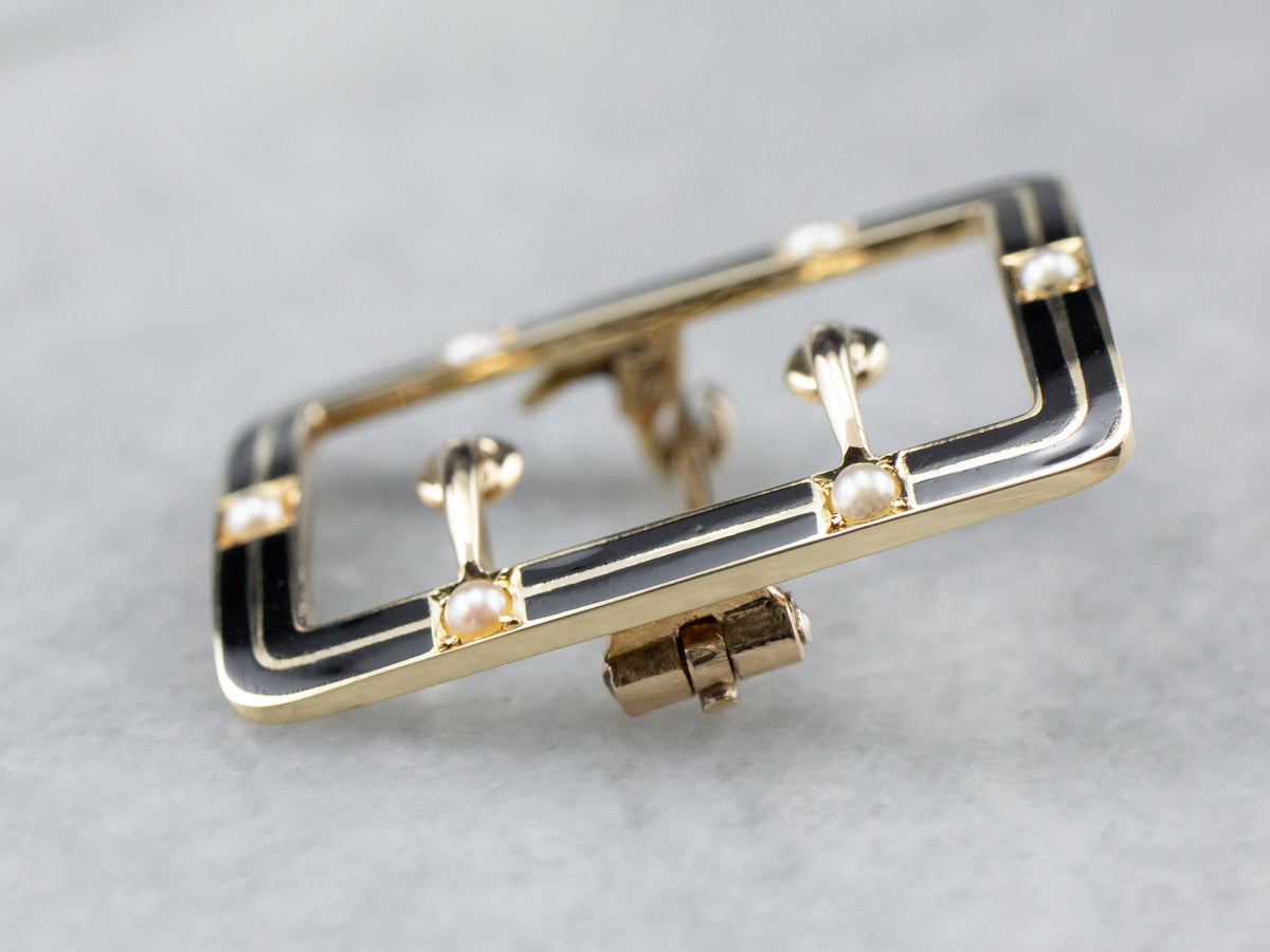 Antique Seed Pearl Black Enamel Buckle Brooch