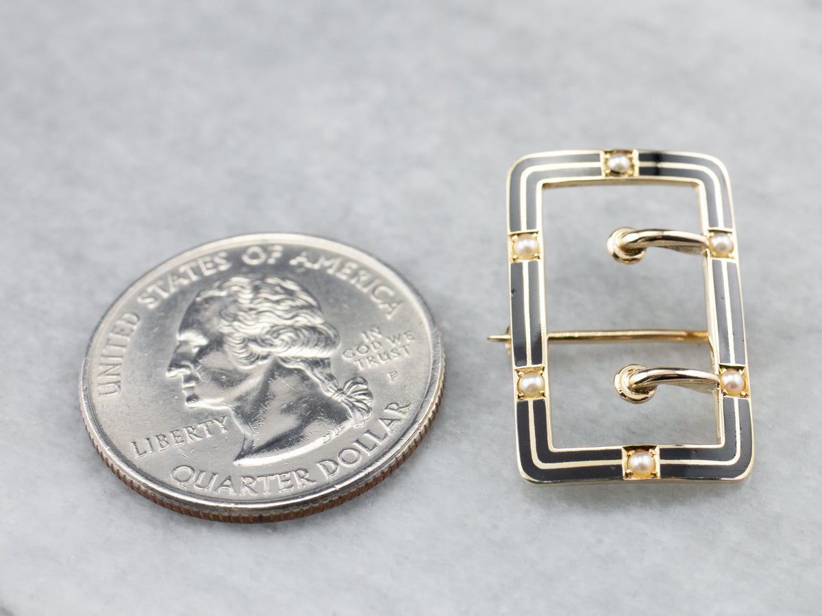 Antique Seed Pearl Black Enamel Buckle Brooch