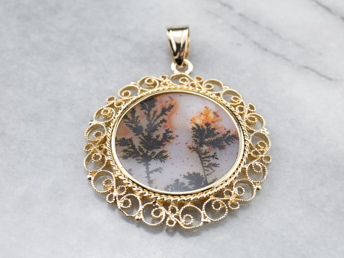 Colgante llamativo de filigrana de oro con ágata dendrítica