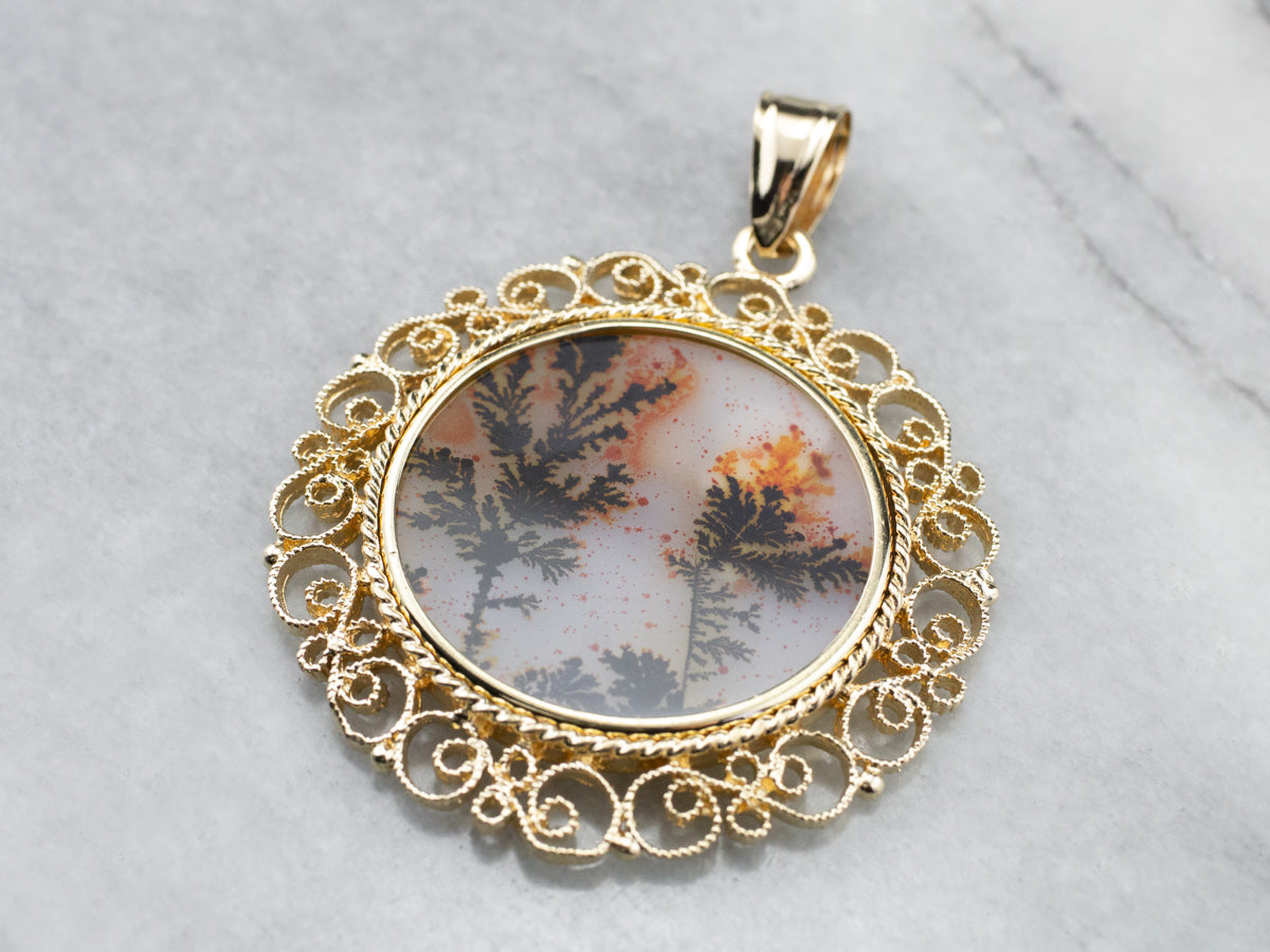 Colgante llamativo de filigrana de oro con ágata dendrítica