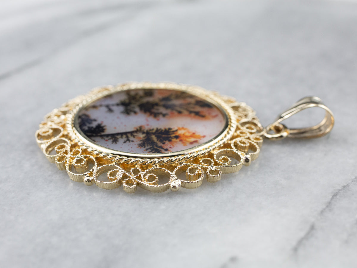 Colgante llamativo de filigrana de oro con ágata dendrítica