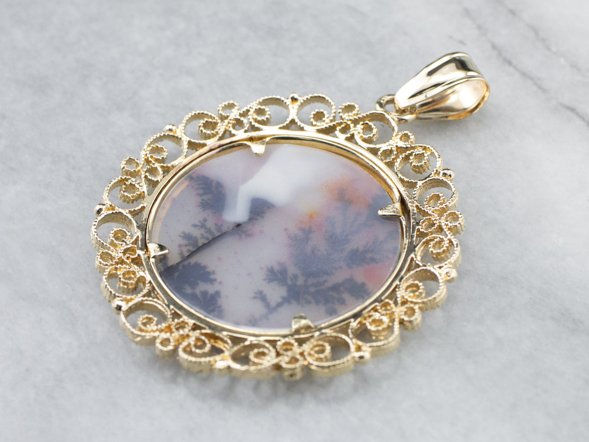 Colgante llamativo de filigrana de oro con ágata dendrítica