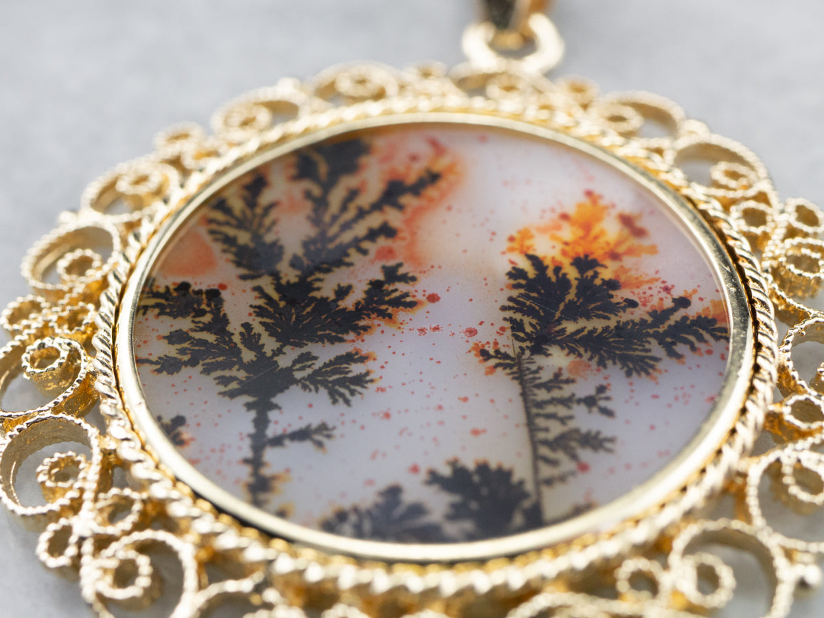 Colgante llamativo de filigrana de oro con ágata dendrítica