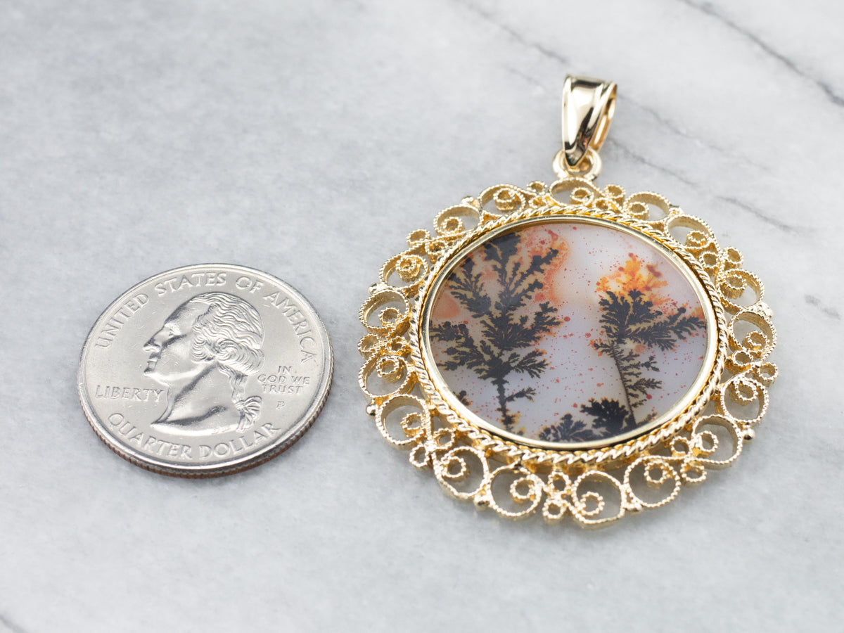 Colgante llamativo de filigrana de oro con ágata dendrítica