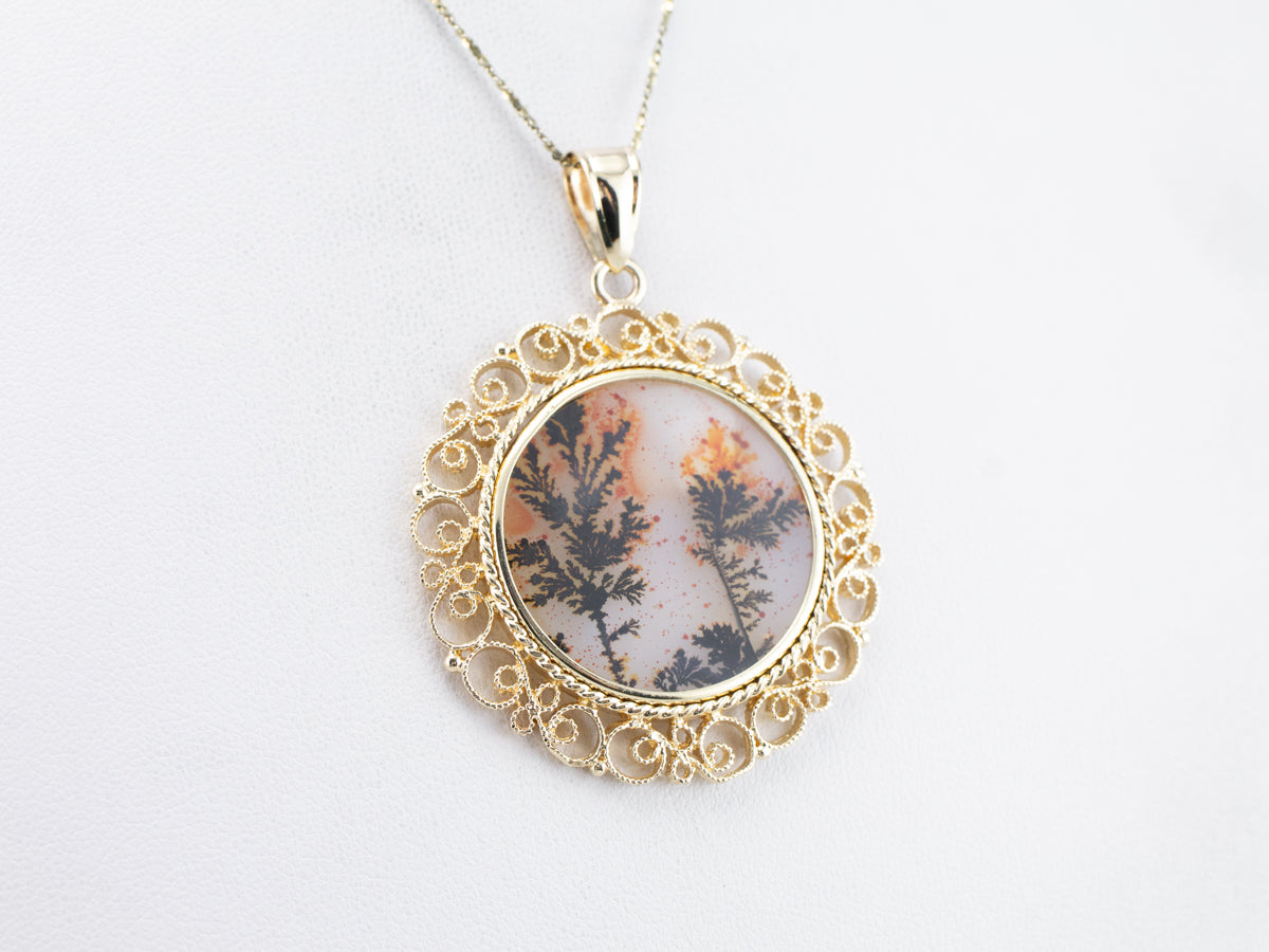 Colgante llamativo de filigrana de oro con ágata dendrítica