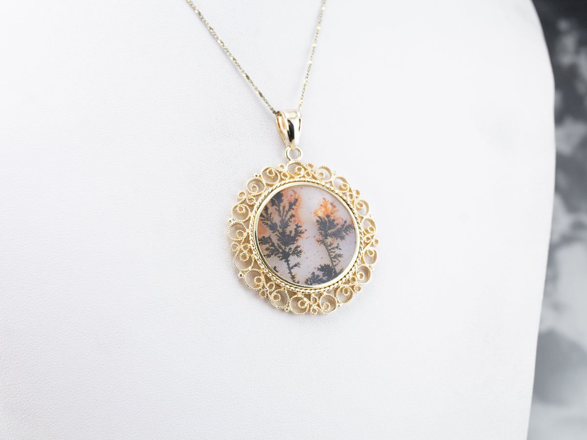 Colgante llamativo de filigrana de oro con ágata dendrítica