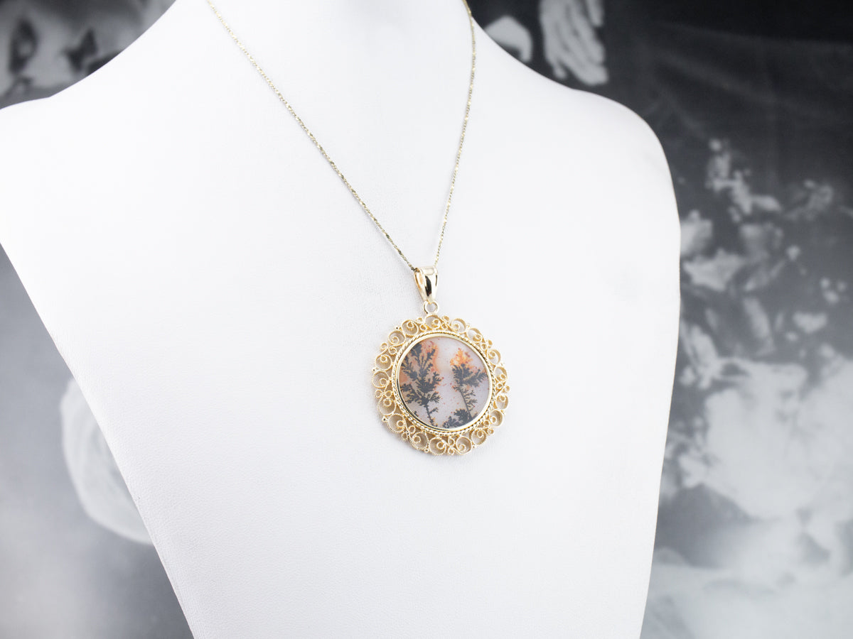 Colgante llamativo de filigrana de oro con ágata dendrítica