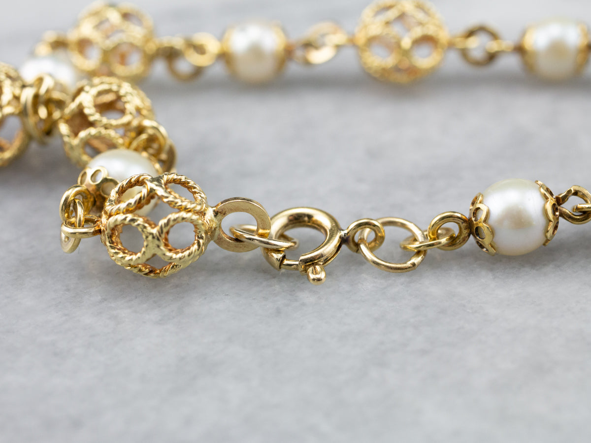 18K Gold Pearl Filigree Link Tassel Bracelet