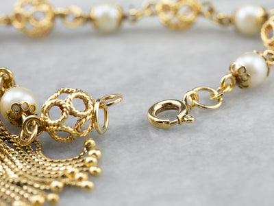 18K Gold Pearl Filigree Link Tassel Bracelet