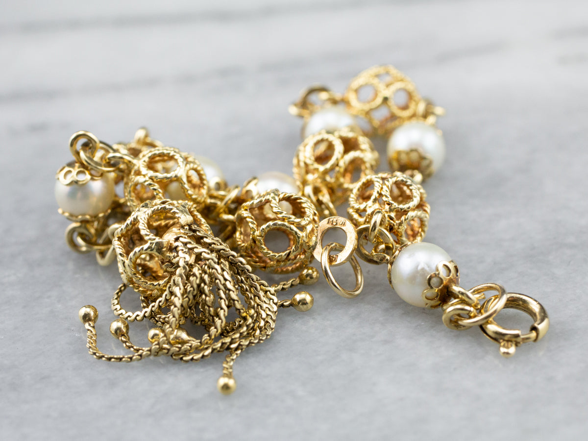 18K Gold Pearl Filigree Link Tassel Bracelet