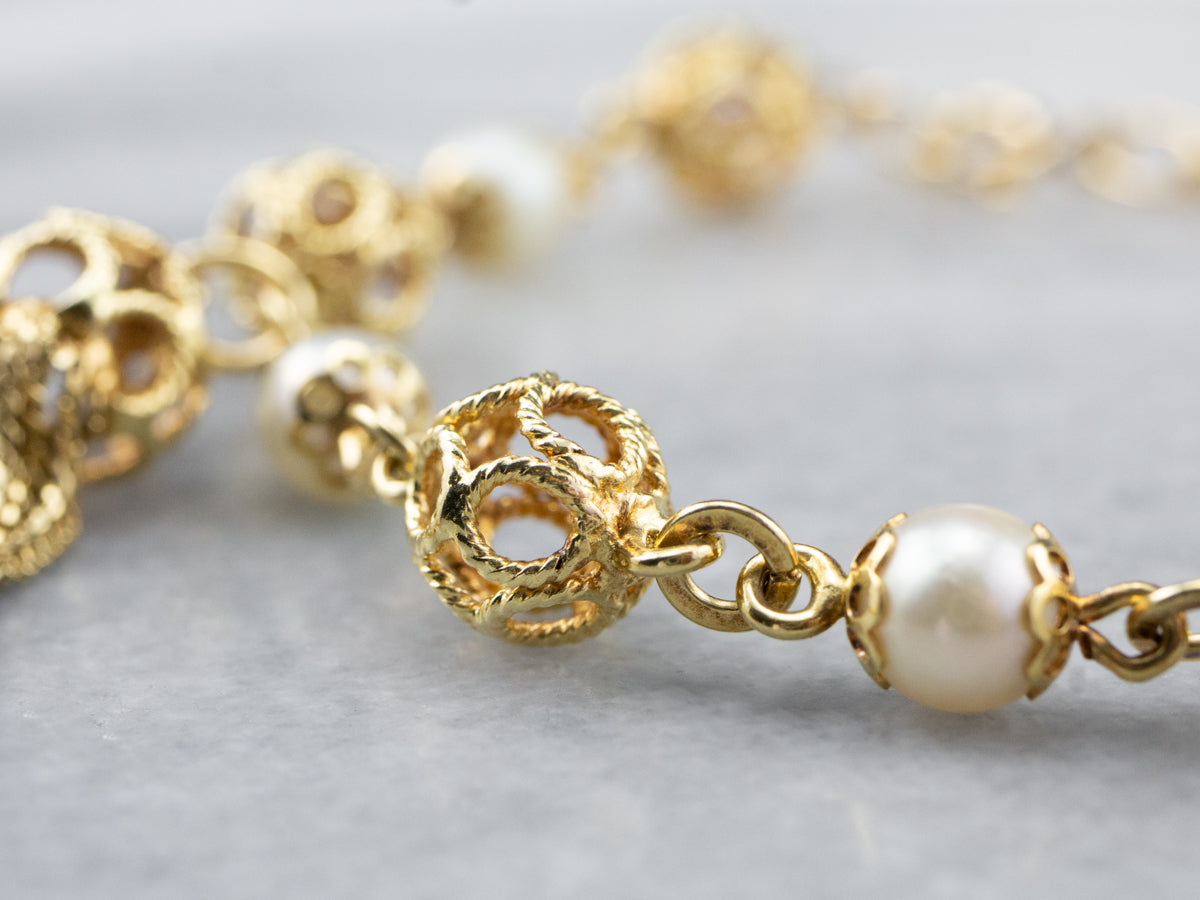 18K Gold Pearl Filigree Link Tassel Bracelet