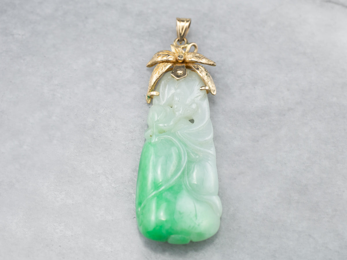 Floral Carved Jade and Gold Pendant
