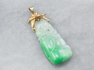 Floral Carved Jade and Gold Pendant