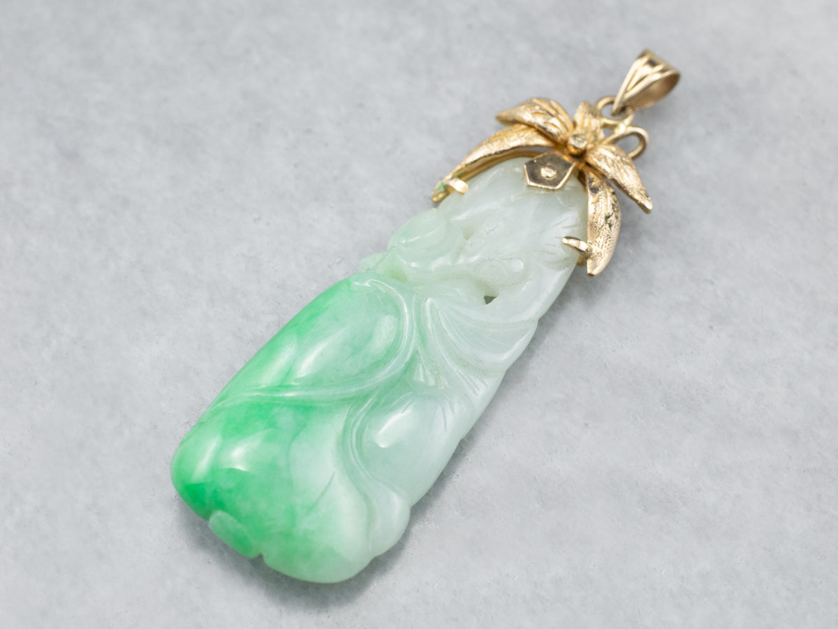 Floral Carved Jade and Gold Pendant