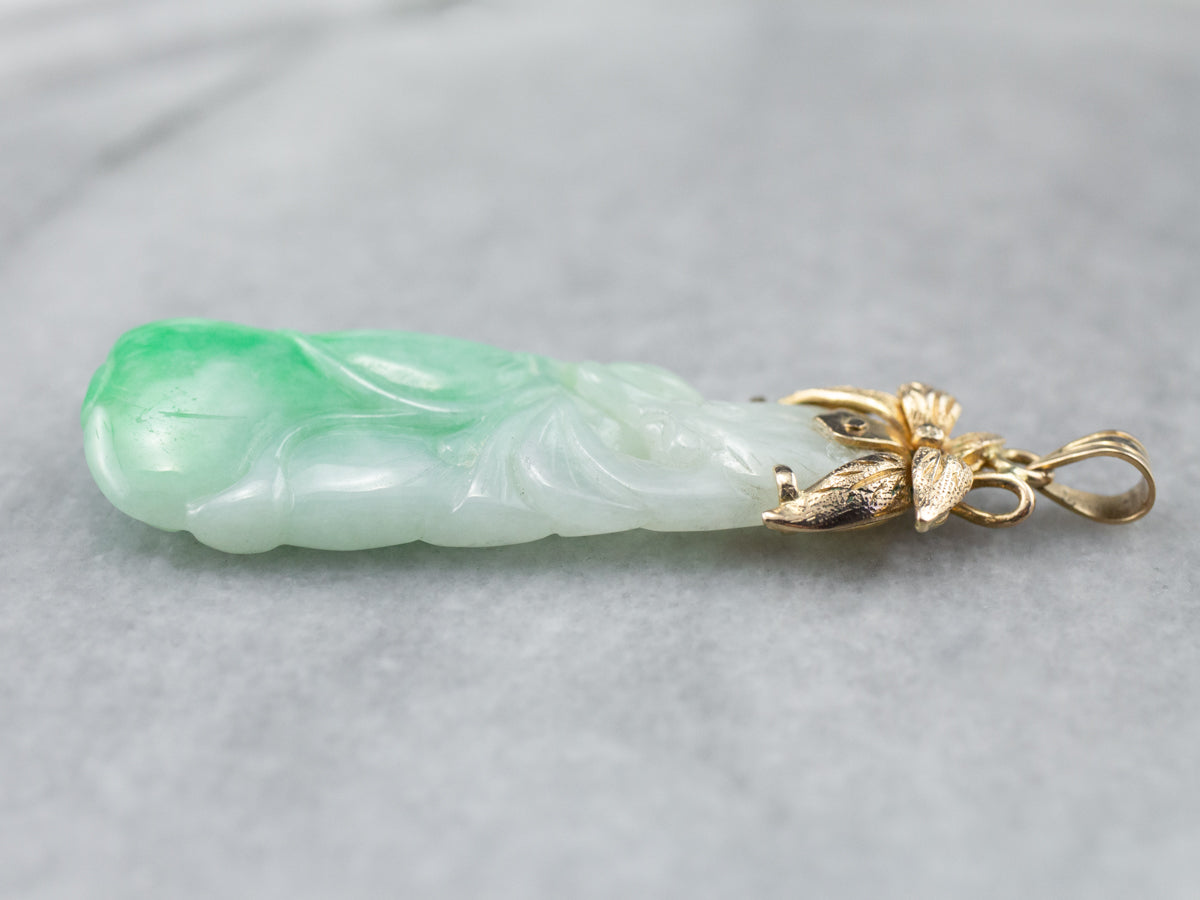 Floral Carved Jade and Gold Pendant