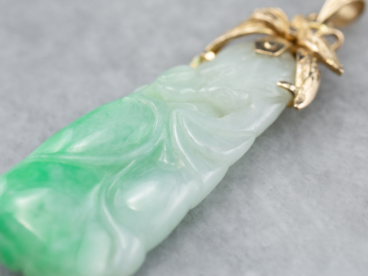Floral Carved Jade and Gold Pendant
