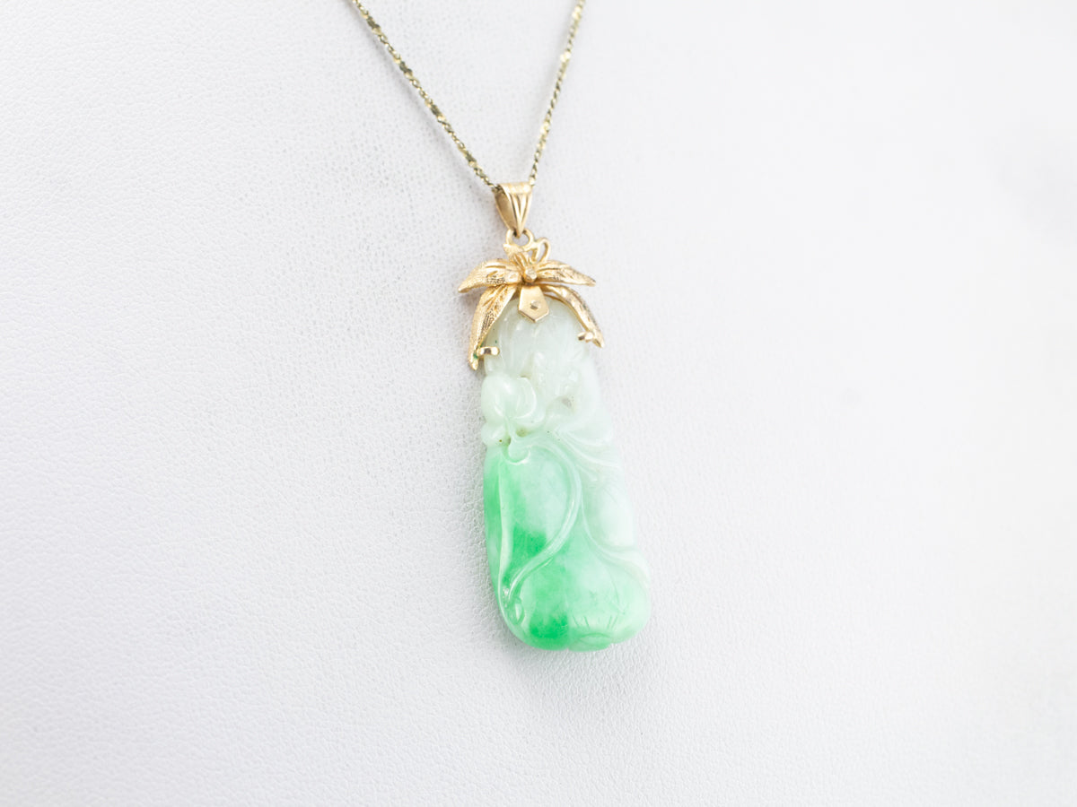 Floral Carved Jade and Gold Pendant