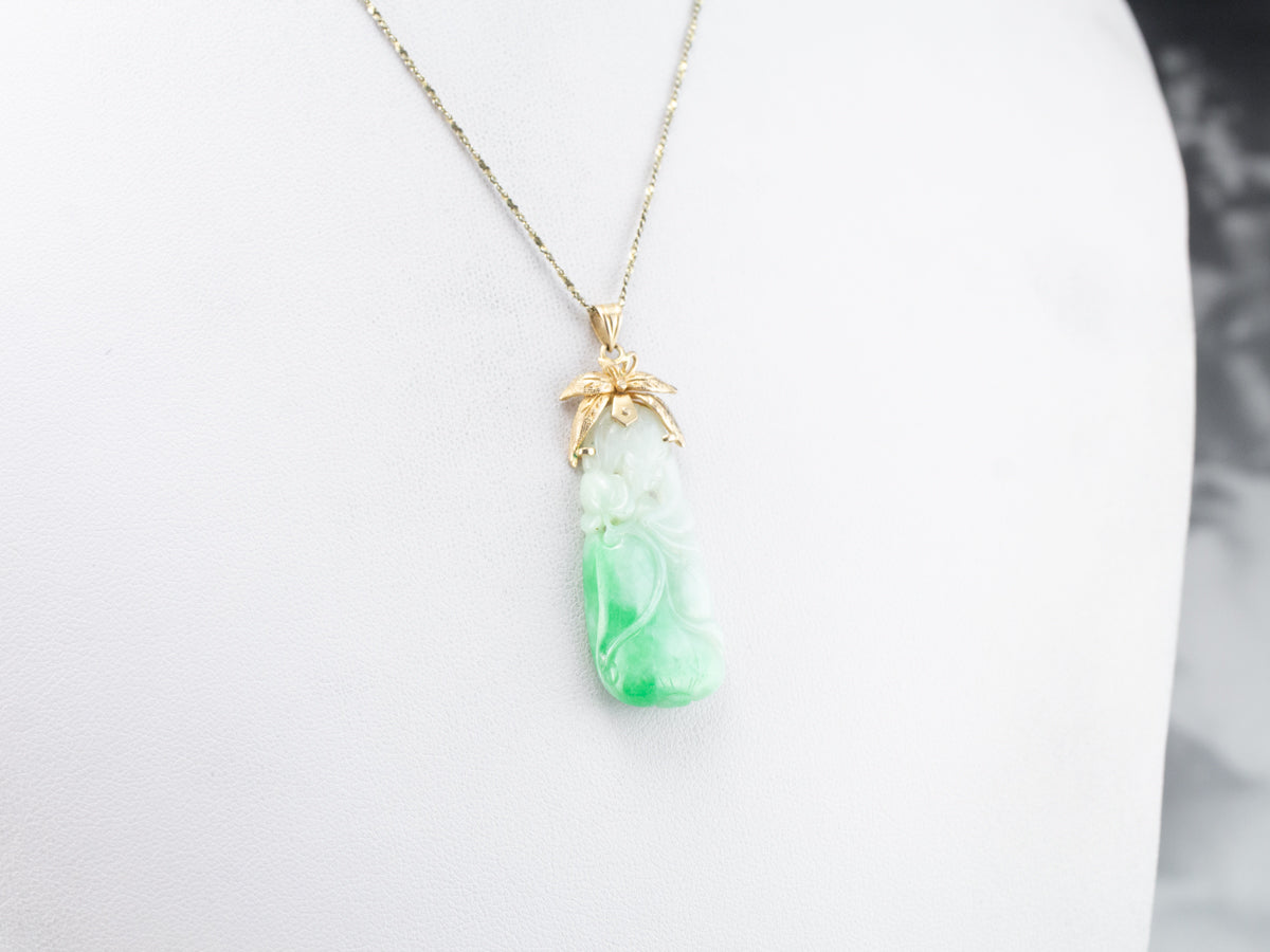 Floral Carved Jade and Gold Pendant