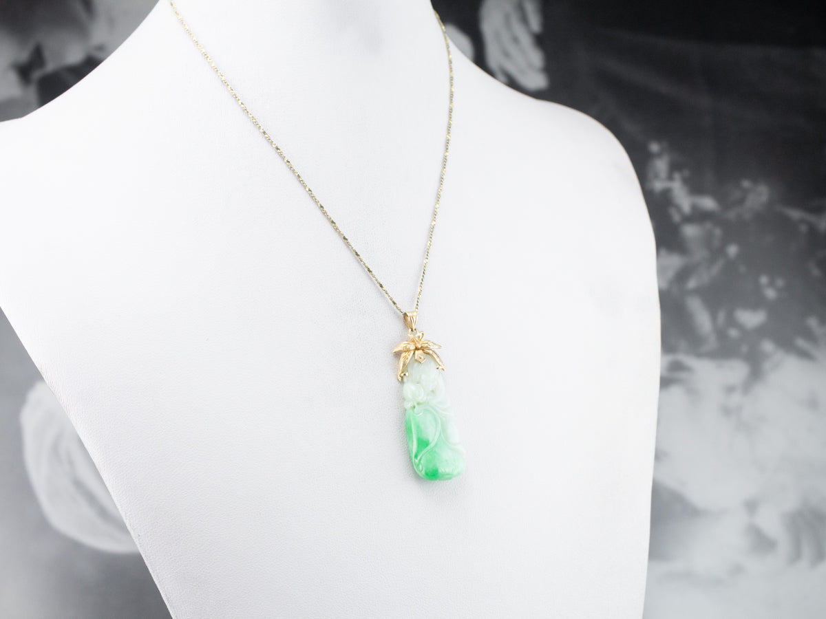 Floral Carved Jade and Gold Pendant
