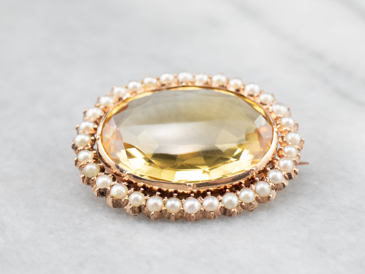 Victorian Citrine Seed Pearl Rose Gold Brooch