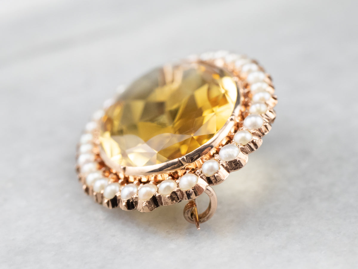 Victorian Citrine Seed Pearl Rose Gold Brooch