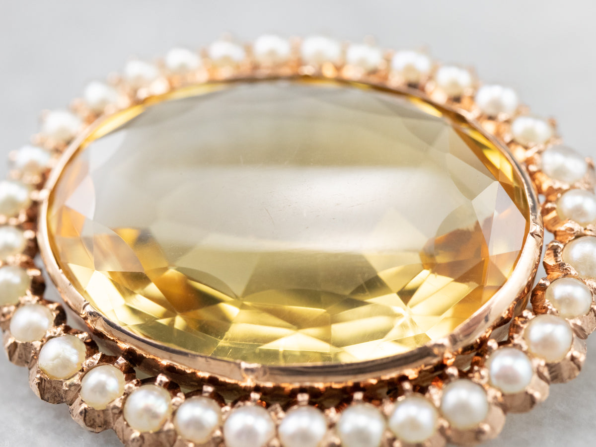 Victorian Citrine Seed Pearl Rose Gold Brooch