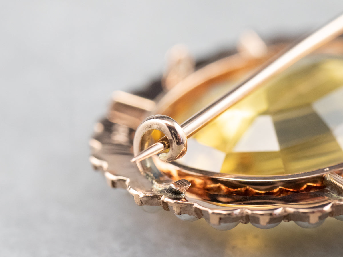 Victorian Citrine Seed Pearl Rose Gold Brooch