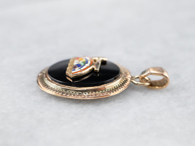 Vintage Rainbow Girls Enamel Black Onyx Rose Gold Pendant