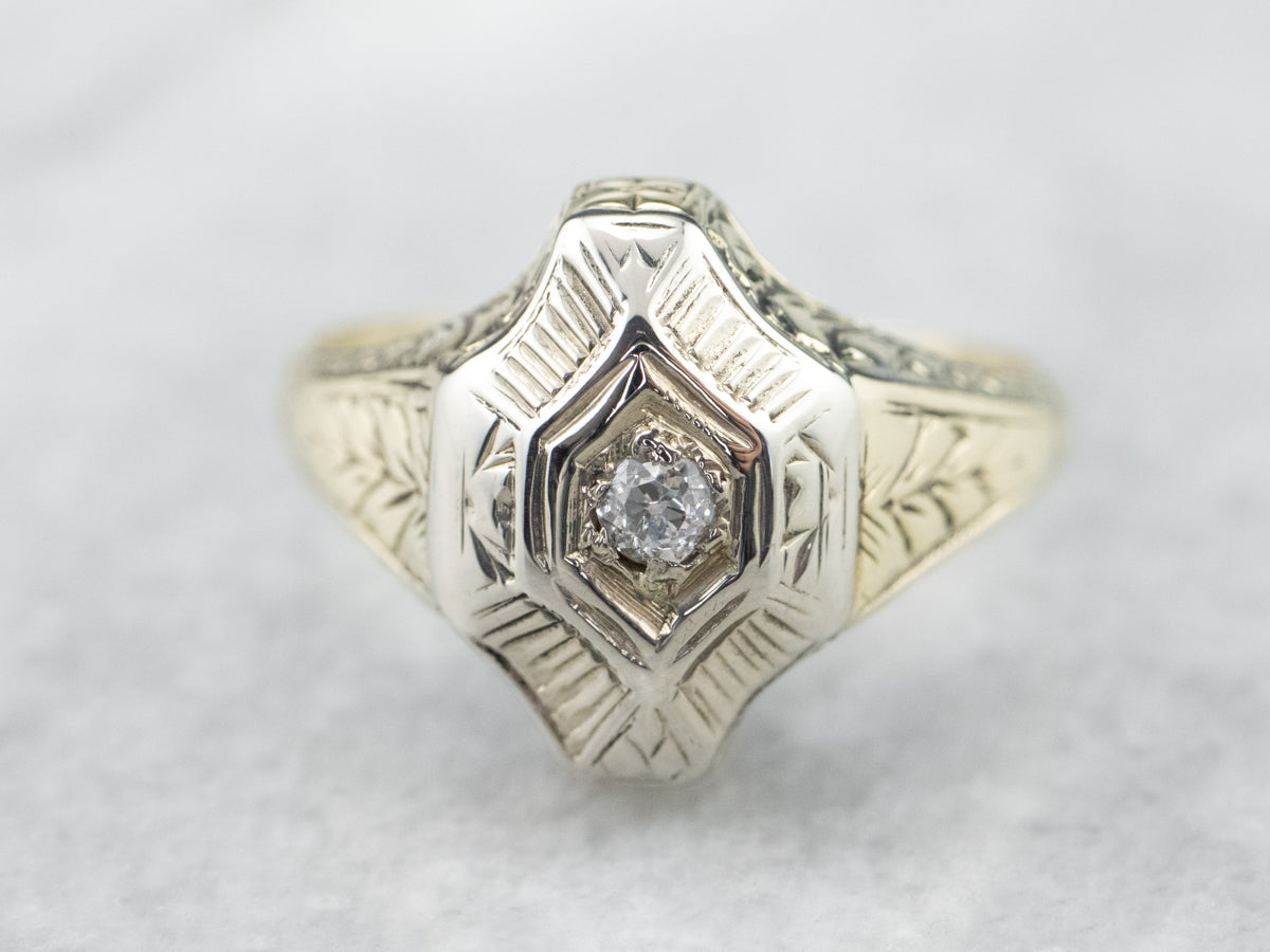 Engraved Old Mine Cut Diamond Solitaire Ring