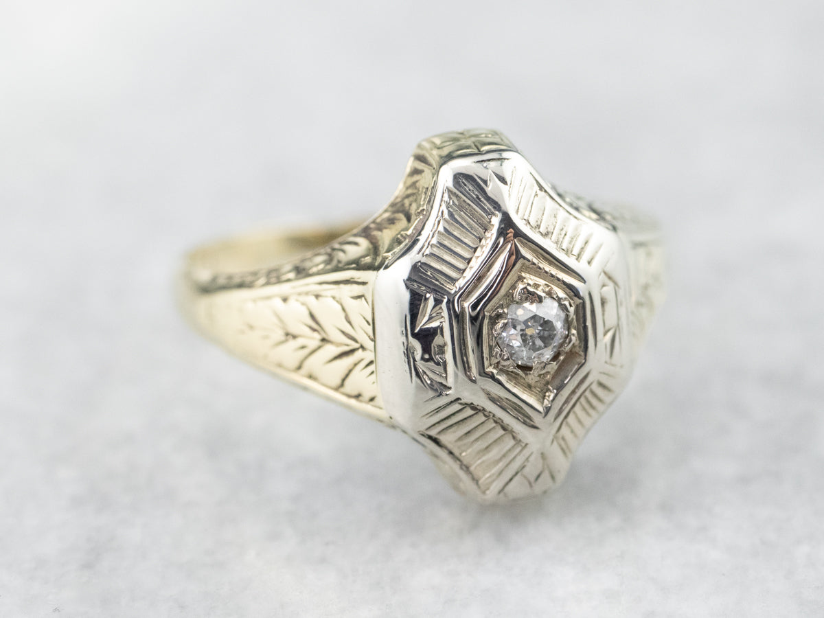 Engraved Old Mine Cut Diamond Solitaire Ring