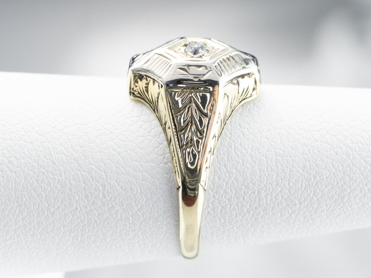 Engraved Old Mine Cut Diamond Solitaire Ring