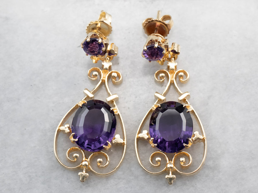 Victorian Revival Amethyst Gold Filigree Drop Earrings