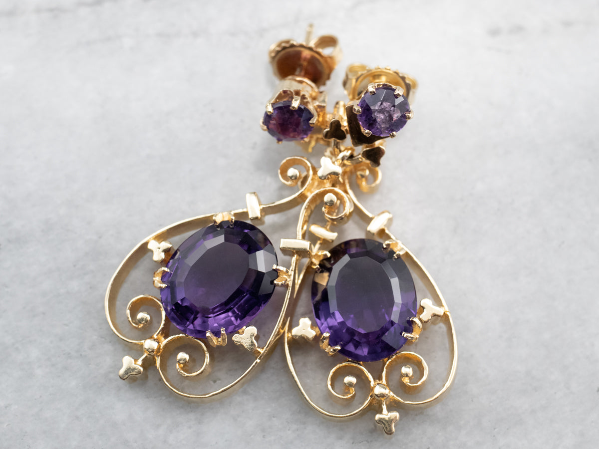 Victorian Revival Amethyst Gold Filigree Drop Earrings