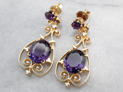 Victorian Revival Amethyst Gold Filigree Drop Earrings