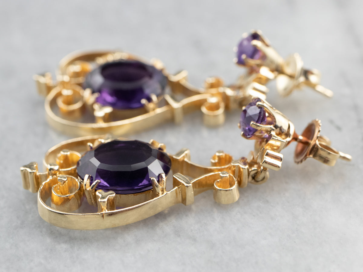 Victorian Revival Amethyst Gold Filigree Drop Earrings