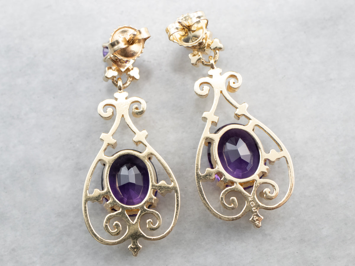 Victorian Revival Amethyst Gold Filigree Drop Earrings