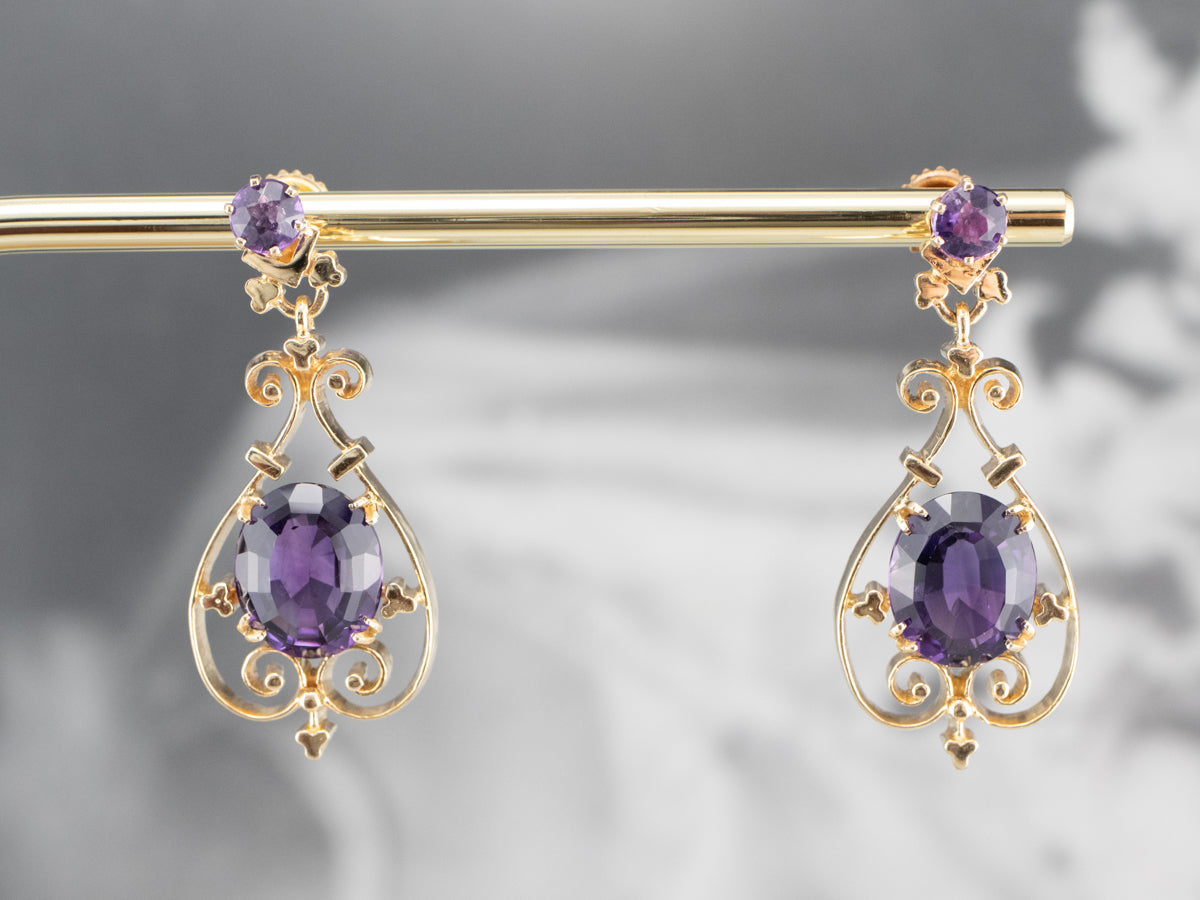 Victorian Revival Amethyst Gold Filigree Drop Earrings
