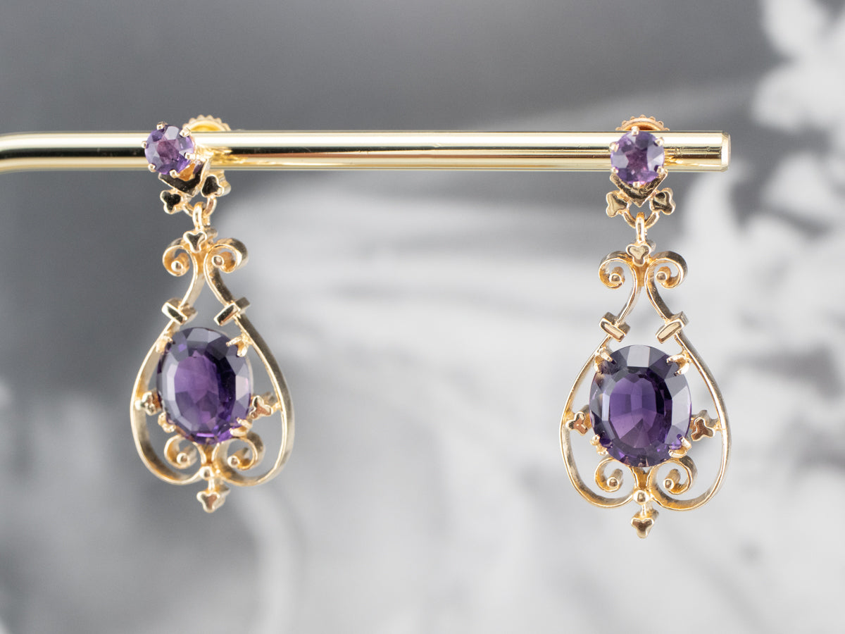 Victorian Revival Amethyst Gold Filigree Drop Earrings